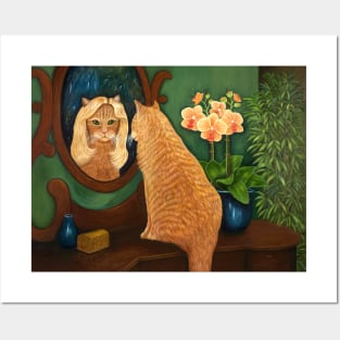 Ginger Cat Looking in Mirror with Blonde Wig Posters and Art